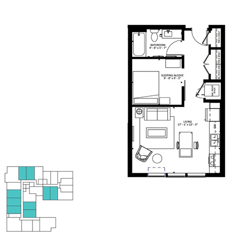 Floor plan for 1 bed, 1 bath, 546 sqft