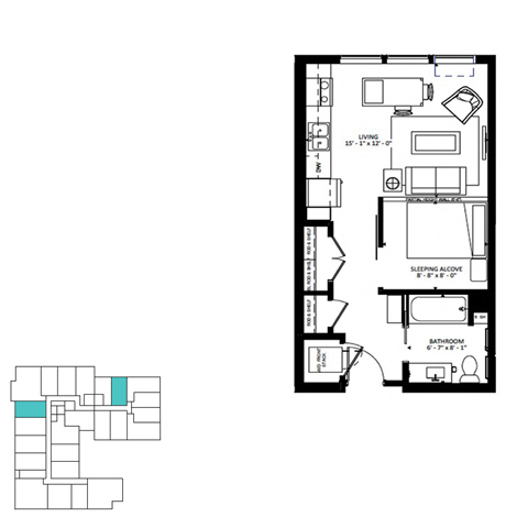 Floor plan for 1 bed, 1 bath, 485 sqft