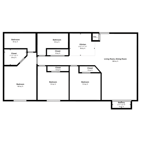 Floor plan for 3 beds, 2 baths, 1100 sqft