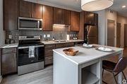 Minneapolis apartment for rent - a kitchen with stainless steel appliances and wooden cabinets
