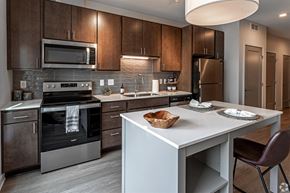 Minneapolis apartment for rent - a kitchen with stainless steel appliances and wooden cabinets
