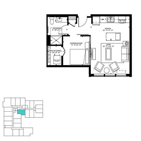 Floor plan for 1 bed, 1 bath, 552 sqft