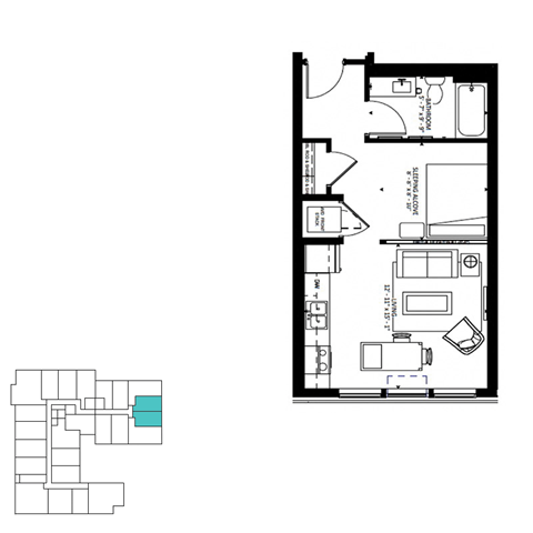 Floor plan for studio, 1 bath, 478 sqft