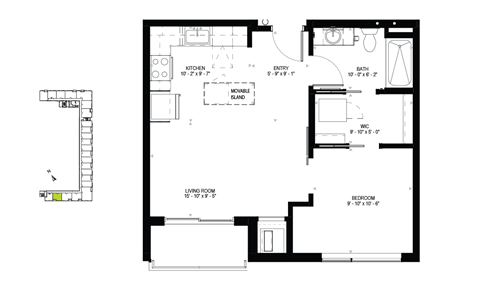 Floor plan for 1 bed, 1 bath, 609 sqft