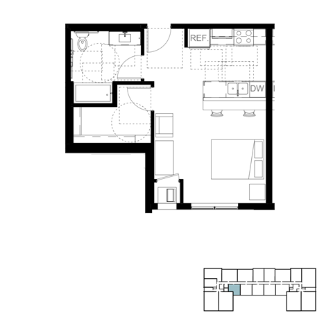 Floor plan for studio, 1 bath, 515 sqft