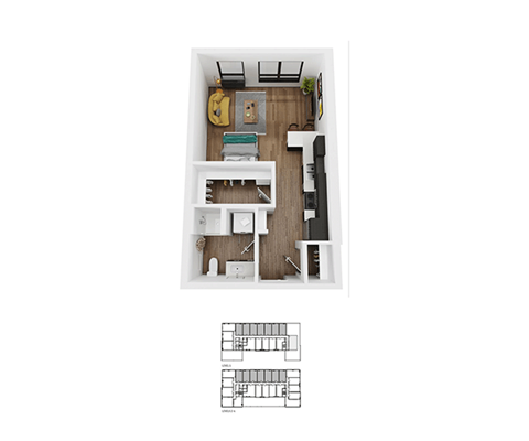 Floor plan for studio, 1 bath, 489 sqft