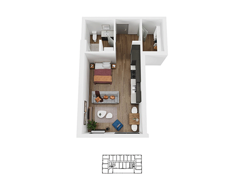 Floor plan for studio, 1 bath, 466 sqft