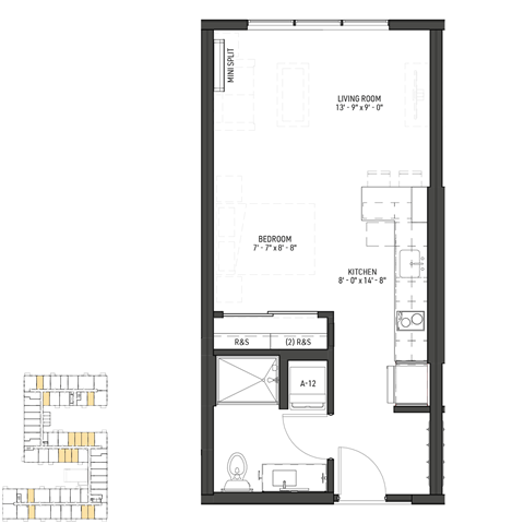 Floor plan for studio, 1 bath, 404 sqft