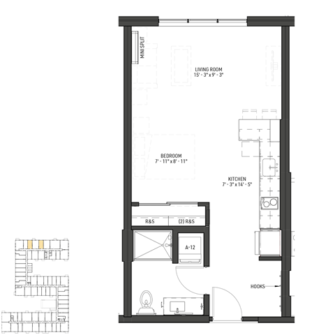 Floor plan for studio, 1 bath, 446 sqft