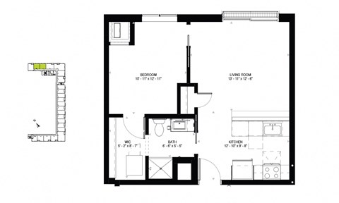 Floor plan for 1 bed, 1 bath, 608 sqft