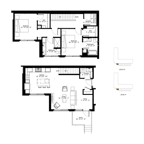 Floor plan for 2 beds, 2.5 baths, 1500 sqft