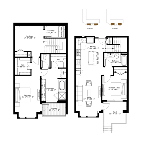 Floor plan for 2 beds, 2 baths, 1637 sqft