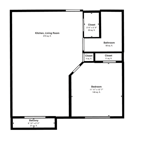 Floor plan for 1 bed, 1 bath, 685 sqft