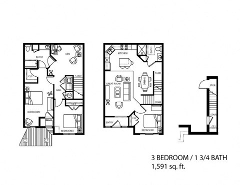Floor plan for 3 beds, 1.8 baths, 1593 sqft