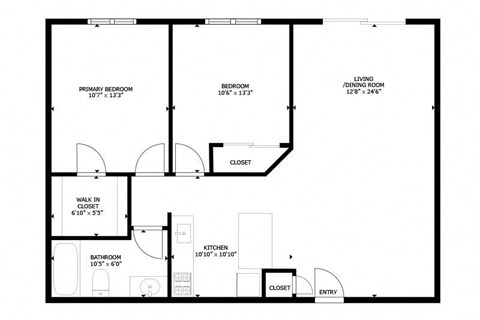 Floor plan for 2 beds, 1 bath, 900 sqft