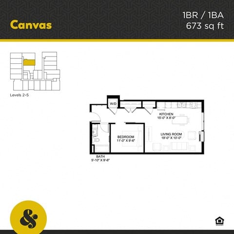 Floor plan for 1 bed, 1 bath, 684 sqft