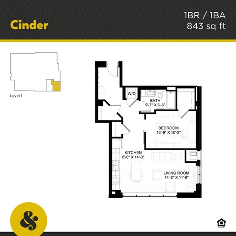 Floor plan for 1 bed, 1 bath, 843 sqft