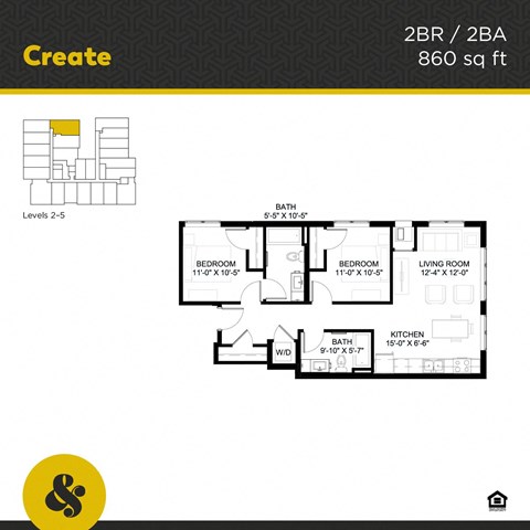 Floor plan for 2 beds, 2 baths, 860 sqft