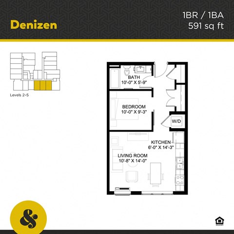 Floor plan for 1 bed, 1 bath, 591 sqft