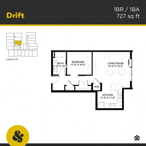 Floor plan for 1 bed, 1 bath, 727 sqft