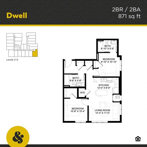 Floor plan for 2 beds, 2 baths, 871 sqft