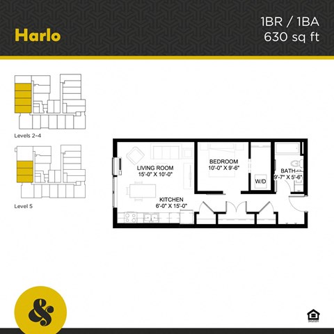 Floor plan for 1 bed, 1 bath, 630 sqft