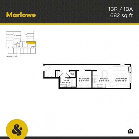 Floor plan for 1 bed, 1 bath, 682 sqft