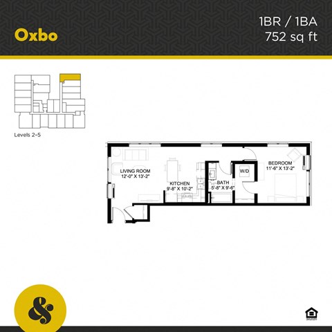 Floor plan for 1 bed, 1 bath, 752 sqft