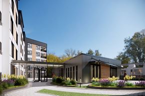 Hopkins apartment for rent - a rendering of a building with a courtyard in front of it