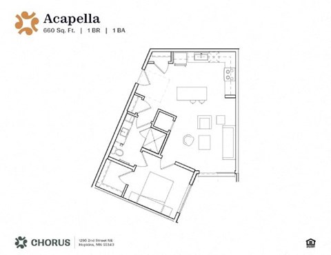 Floor plan for 1 bed, 1 bath, 660 sqft