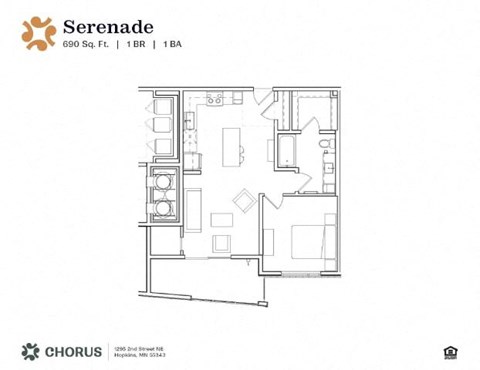 Floor plan for 1 bed, 1 bath, 690 sqft