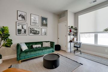 Roseville apartment for rent - a living room with a green couch and a window