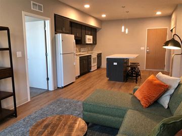 St. Paul apartment for rent - a living room with a couch and a kitchen with a refrigerator