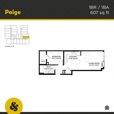Floor plan for 1 bed, 1 bath, 607 sqft