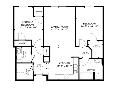 Floor plan for 2 beds, 1.5 baths, 914 sqft