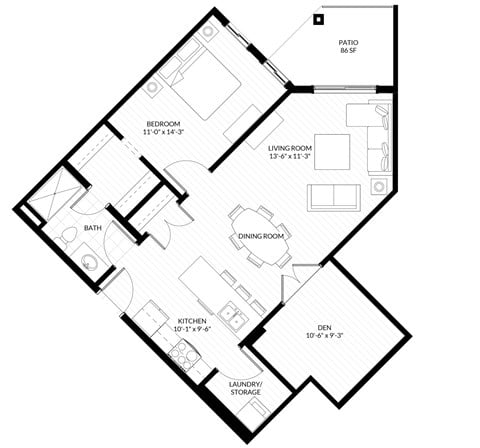 Floor plan for 1 bed, 1 bath, 755 sqft