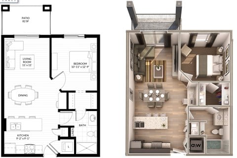Floor plan for 1 bed, 1 bath, 598 sqft