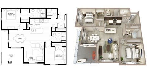 Floor plan for 2 beds, 2 baths, 1049 sqft