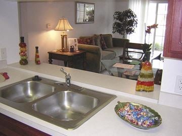 Taylor apartment for rent - A kitchen with a silver sink and a decorative plate of candy.