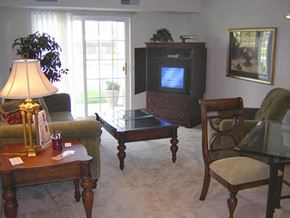 Taylor apartment for rent - A living room with a couch, chair, lamp, and television.