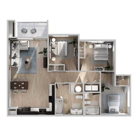 Floor plan for 3 beds, 2 baths, 1170 sqft