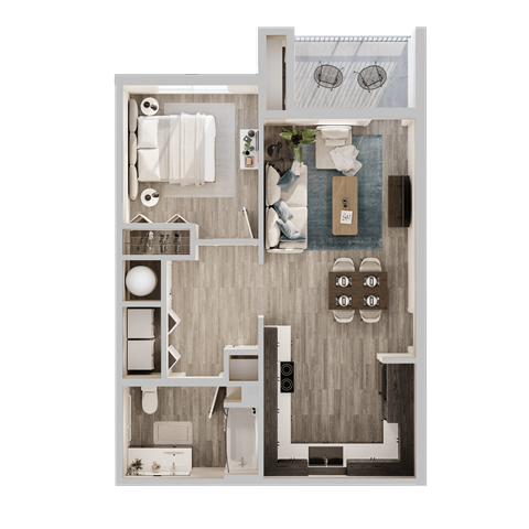 Floor plan for 1 bed, 1 bath, 669 sqft