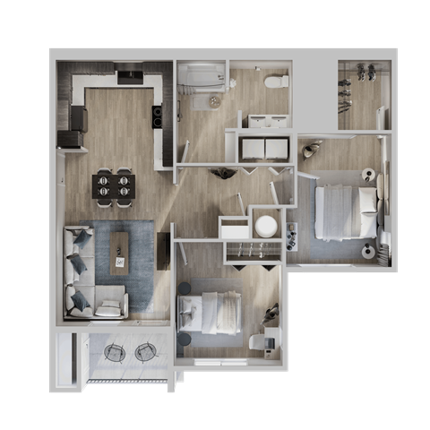 Floor plan for 2 beds, 1 bath, 891 sqft