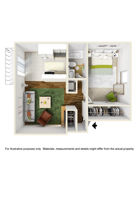 Floor plan for 1 bed, 1 bath, 688 sqft