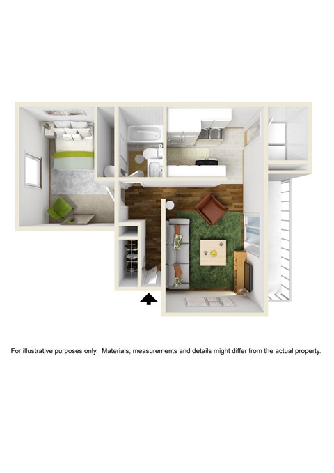Floor plan for 1 bed, 1 bath, 760 sqft