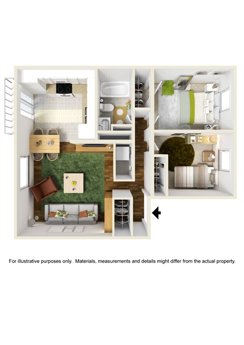 Floor plan for 2 beds, 1 bath, 888 sqft