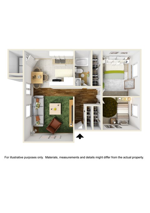 Floor plan for 2 beds, 1 bath, 921 sqft