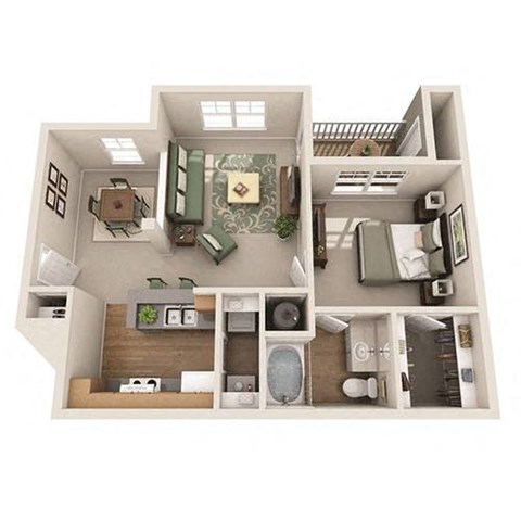 Floor plan for 1 bed, 1 bath, 757 sqft