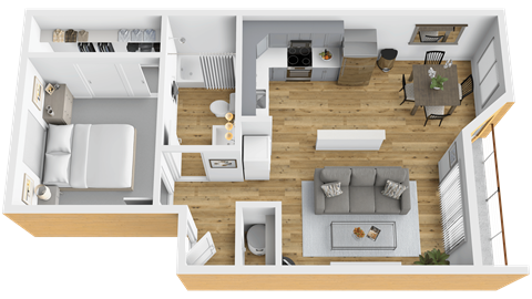 Floor plan for 1 bed, 1 bath, 639 sqft