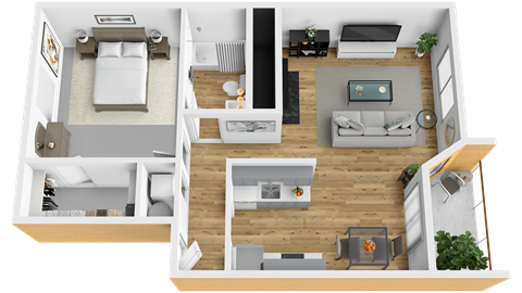 Floor plan for 1 bed, 1 bath, 775 sqft